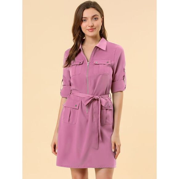 Roll Up Sleeves Multi-Pocket Safari Belted Collared Shirt Dress Purple Plum - Picture 2 of 6